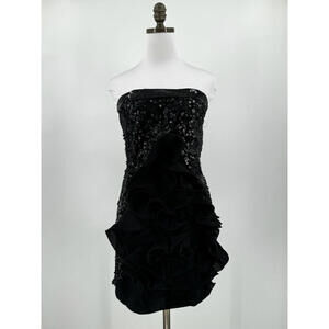 Mandalay Julian Joyce Black Silk Sequin Ruffle Front Sheath Dress Sz 6